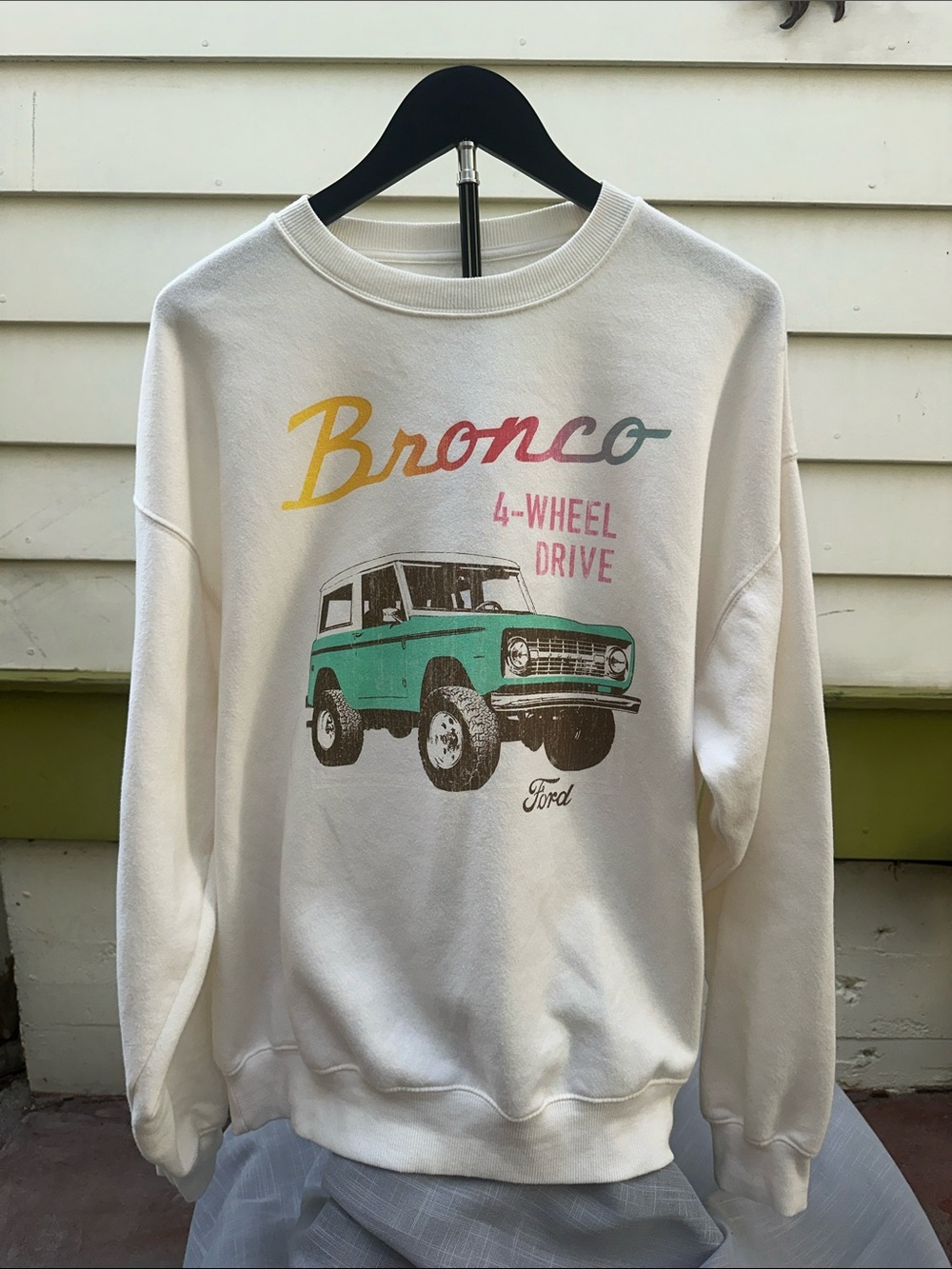 Ford White Crewneck Sweatshirt with Teal Bronco Graphic